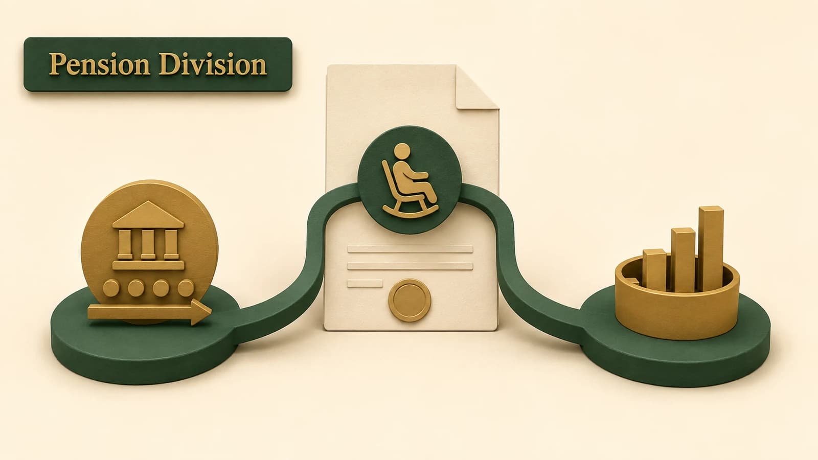 A retirement asset pathway divides into two court-approved shares with separate Pension Plan and Investment Plan markers.