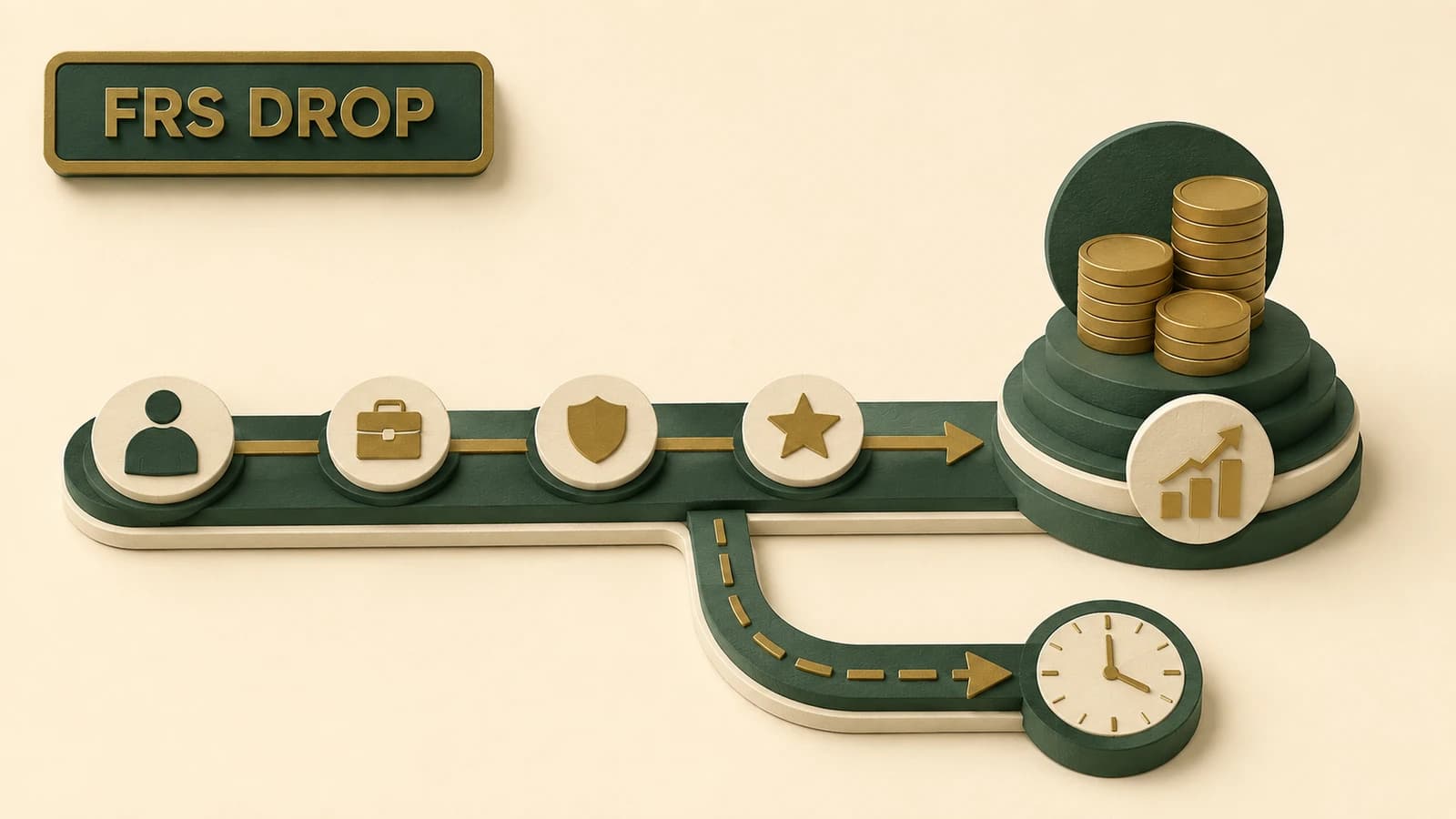 A retirement marker continues along a timed DROP track where monthly pension deposits accumulate before a final employment exit.