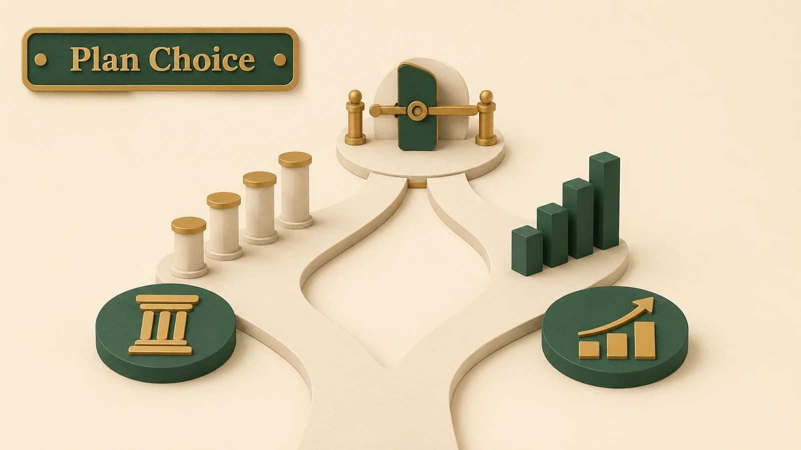 Two retirement paths compare a defined monthly pension with an individual investment account before a one-time plan-change gate.
