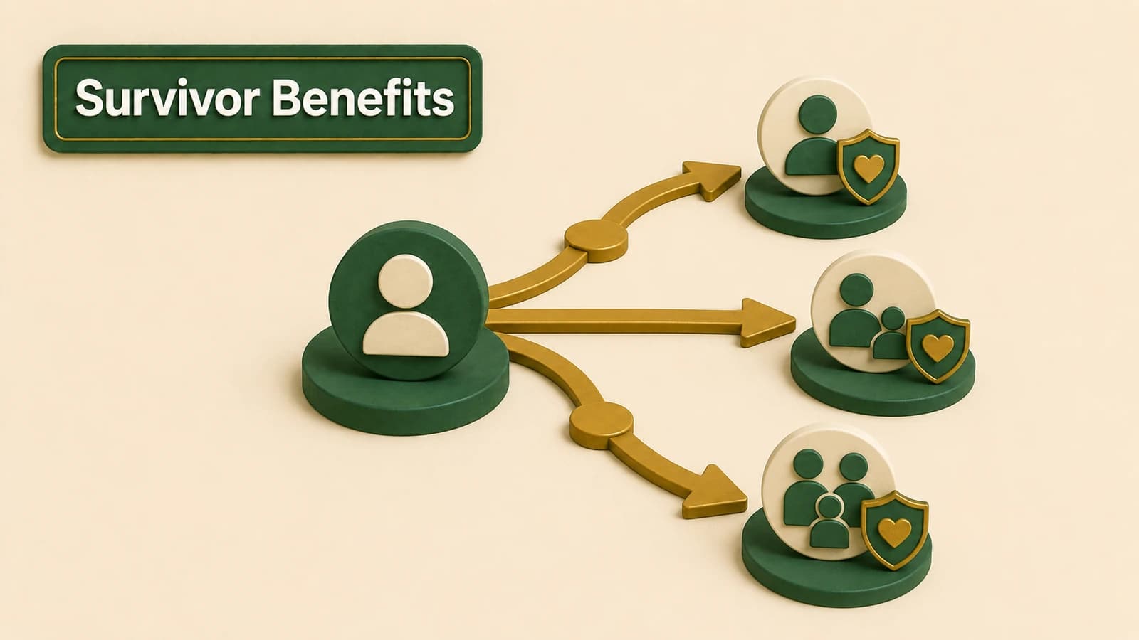 A beneficiary pathway branching from an FRS member record toward spouse, child, and account-balance protection symbols.