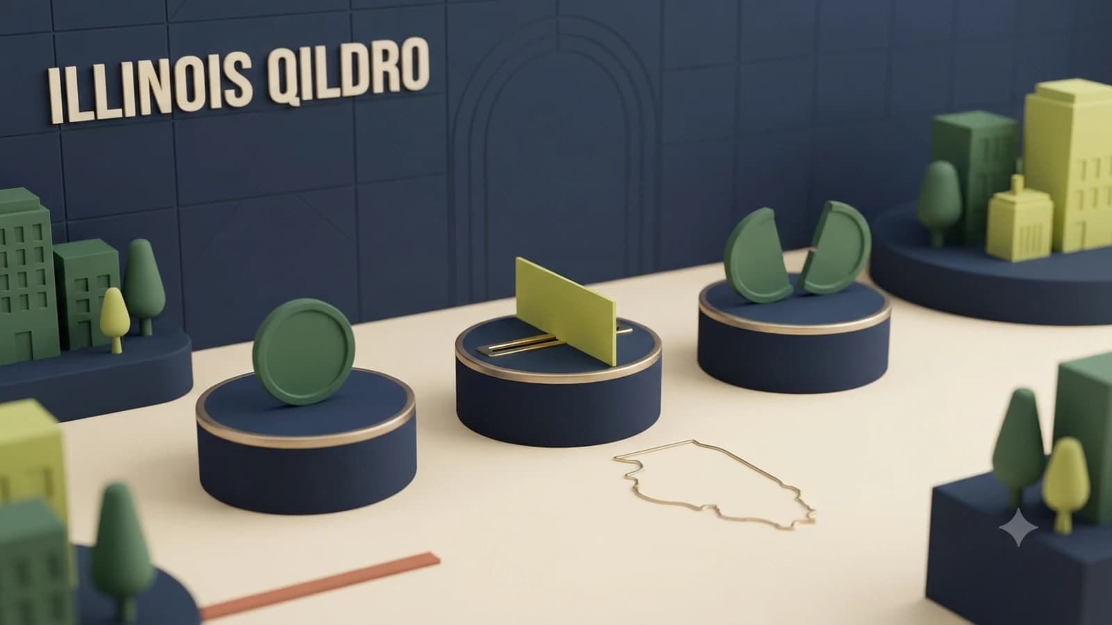 An Illinois pension track branching through a gold court-order token toward member and alternate-payee payment pedestals