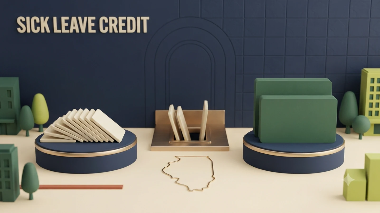 A stack of unused leave tiles converting into service-credit blocks beside a gold outline of Illinois