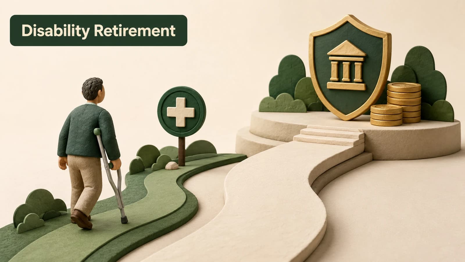 A medical shield, calendar and pension path showing the NYSTRS disability retirement decision process.
