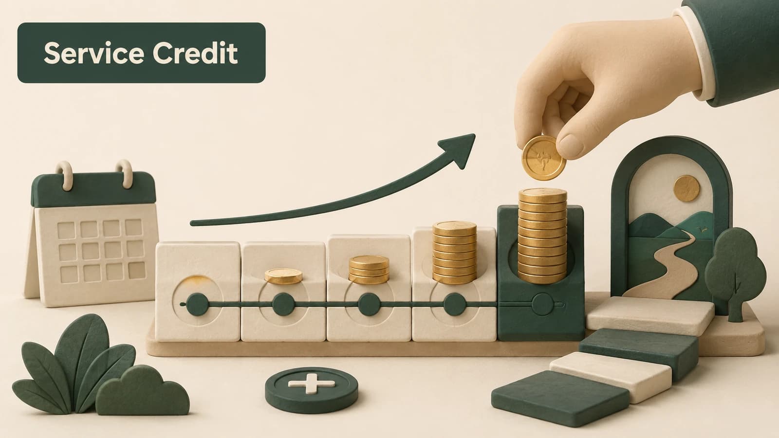A service-credit ledger feeding verified years into a pension timeline with military and prior-employment markers.