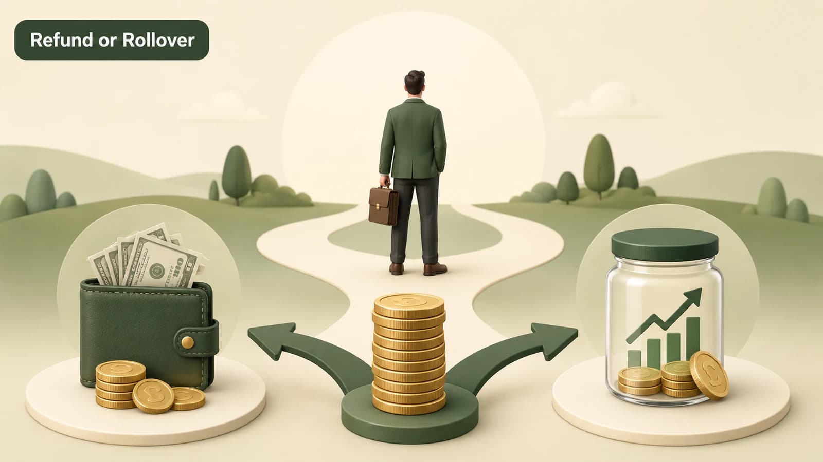A split path between a pension vault and a rollover arrow, illustrating an NYSTRS refund decision.