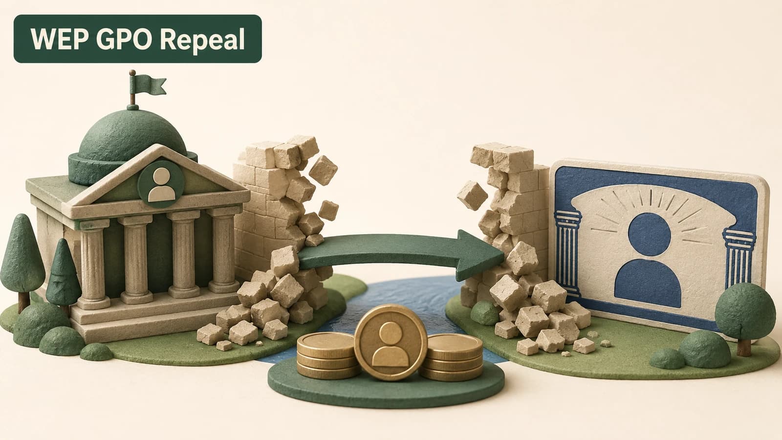Two separate retirement streams labeled by pension and Social Security symbols converging after the WEP/GPO barrier is removed.