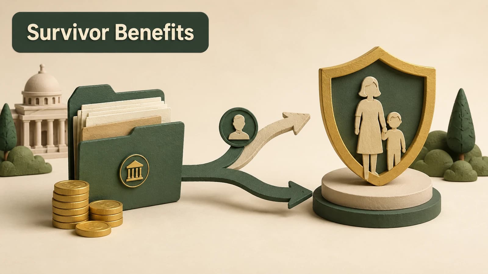 A branching protection diagram with beneficiary figures, salary blocks and a shield representing NYSTRS death benefits.