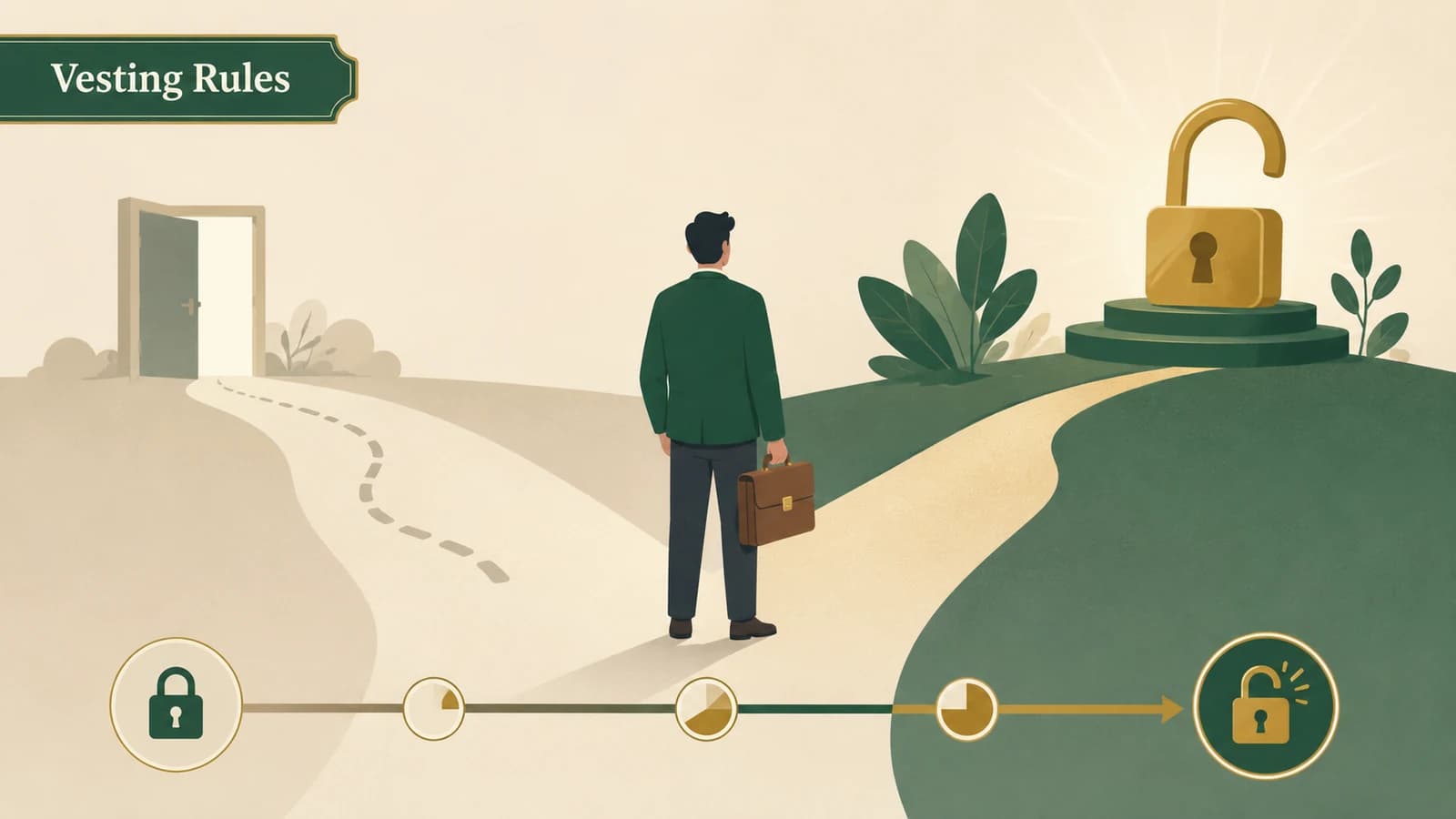 A five-step progress line reaching a locked pension milestone, symbolizing NYSTRS vesting.