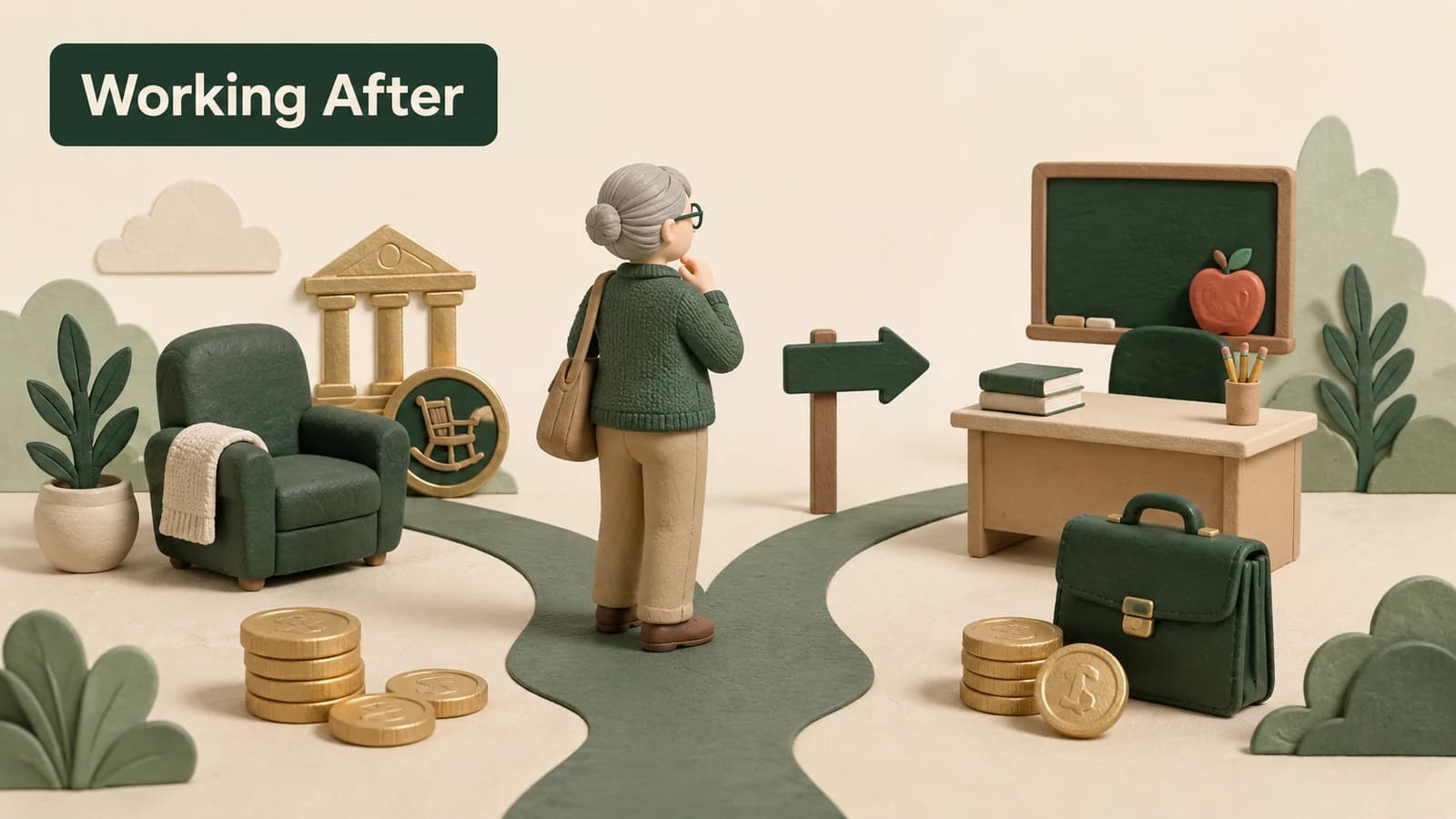 A retired teacher path passing earnings checkpoints, a school building token and a reporting meter.