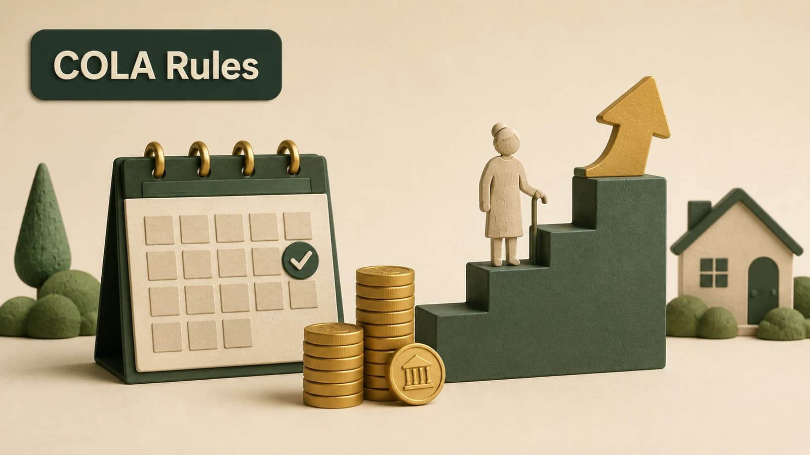 A retirement calendar beside a stepped pension platform showing an annual inflation adjustment within a capped range.