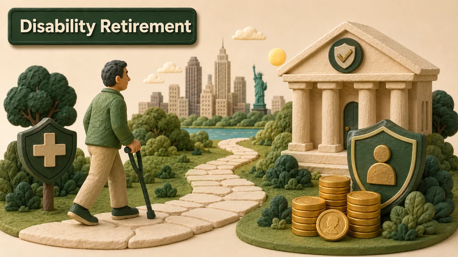 Two disability-retirement paths leading to a medical review gate, one marked ordinary and one duty accident.