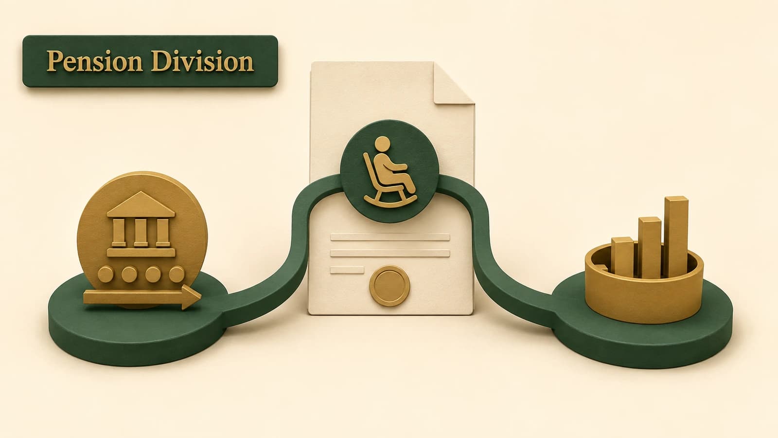 A court document between two pension paths, with separate monthly-benefit and account-balance markers for a divorce division.