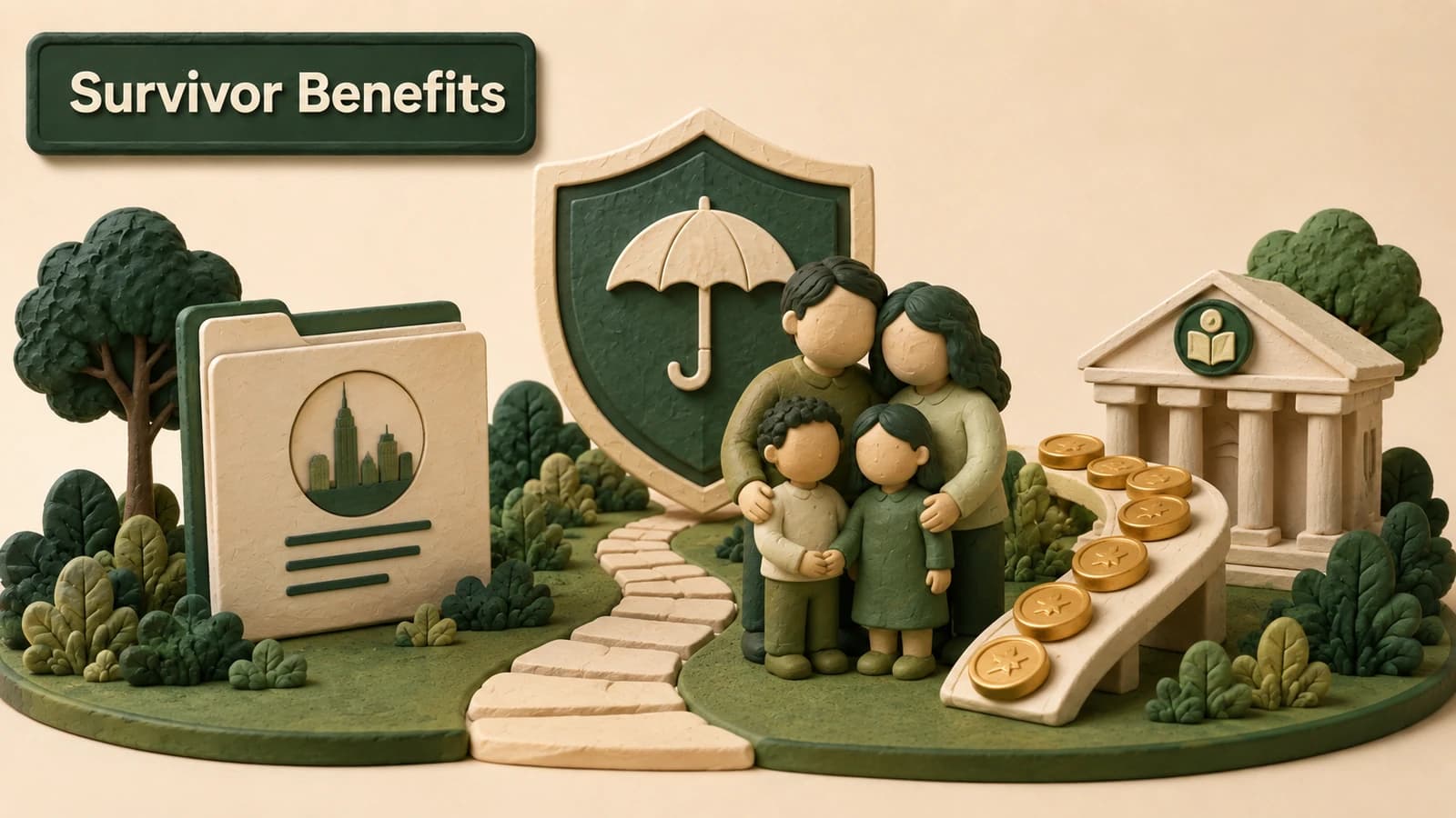 A protective green shield branching toward beneficiary markers and a gold pension reserve token.