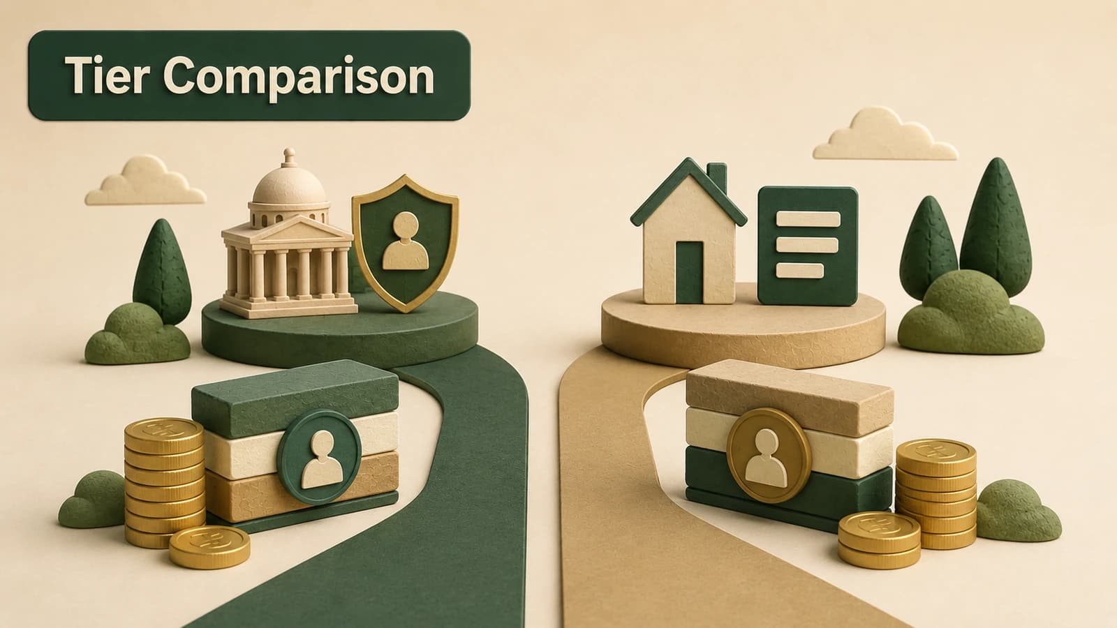 Two retirement paths labeled by old and new membership eras, comparing age, service, salary averaging, and contribution structures.