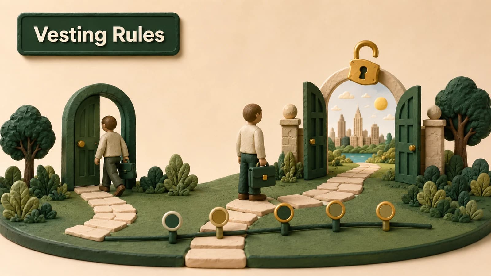A five-step vesting path splitting toward a preserved pension file or an exit door with a seven-year timeline.