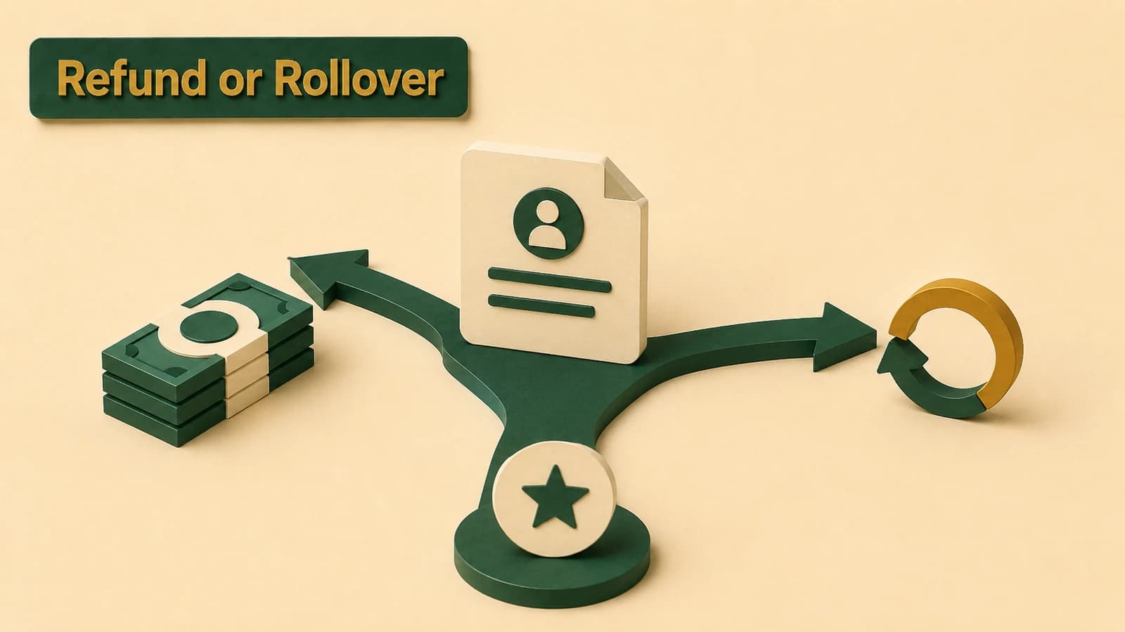 A withdrawal document splits into a direct-payment path and a rollover path while a pension-service token remains behind.