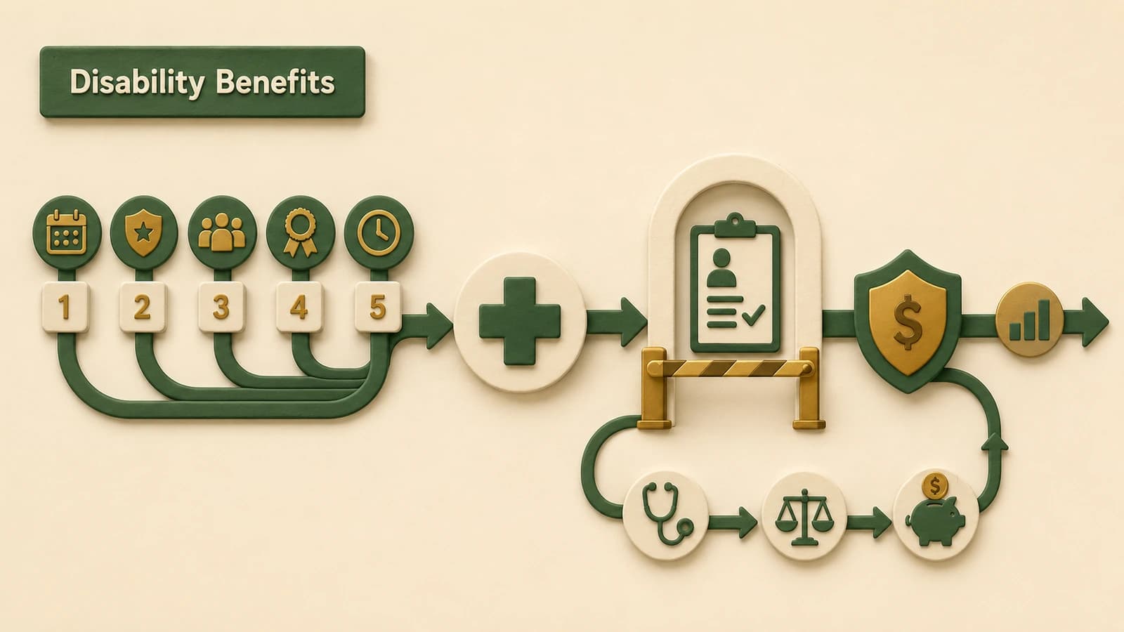 Five service milestones lead through a medical-review gate to a protected PSERS disability-income path.