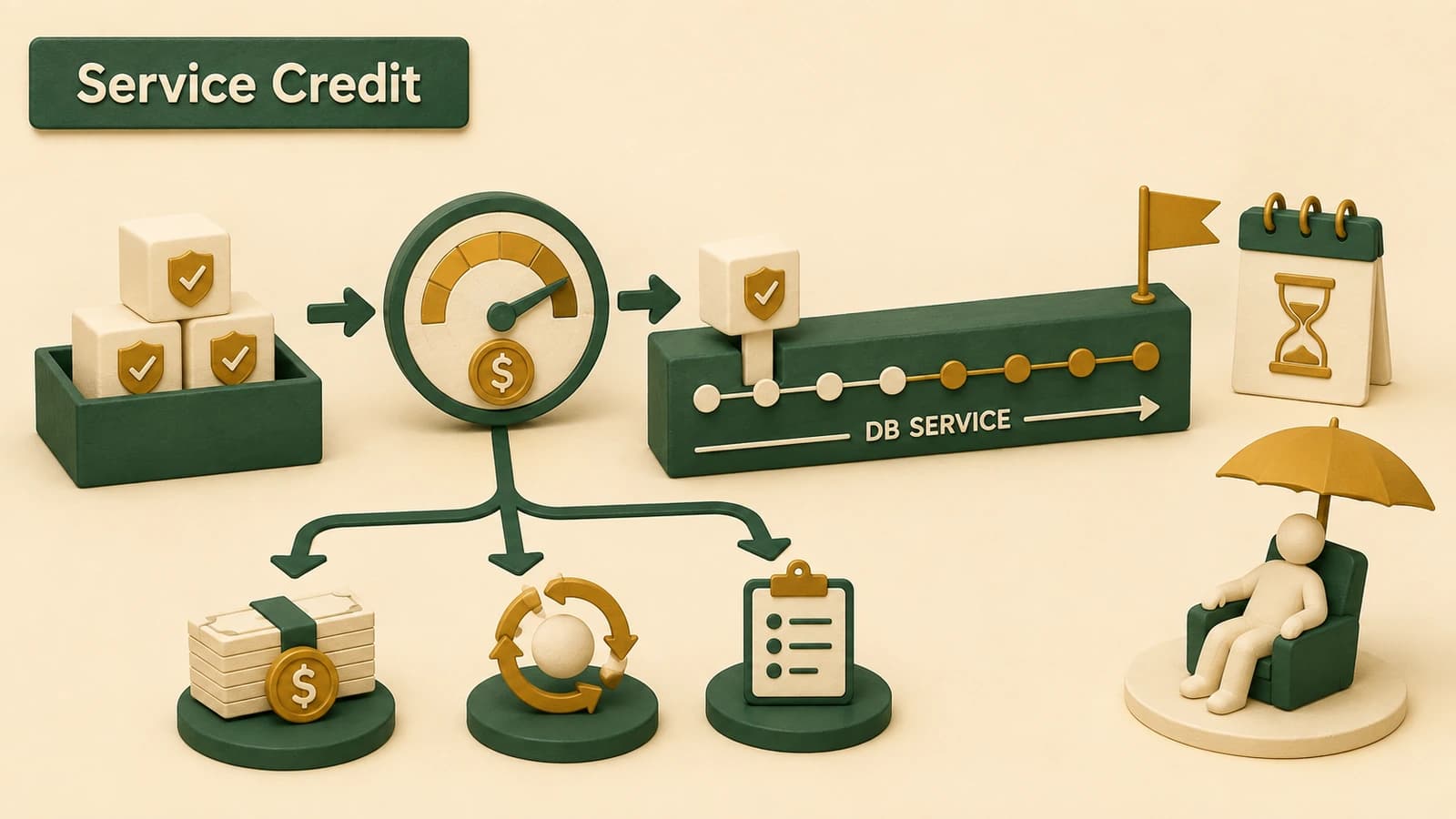 Verified prior-service blocks move through a PSERS cost gauge and are added to the DB service timeline before retirement.