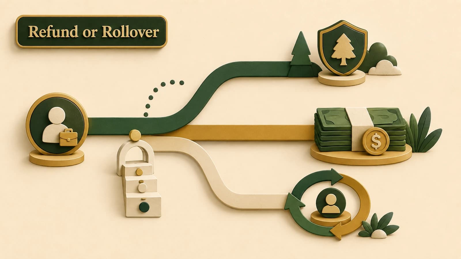 A PSERS account splits toward a preserved pension, a cash refund and a tax-deferred rollover path.