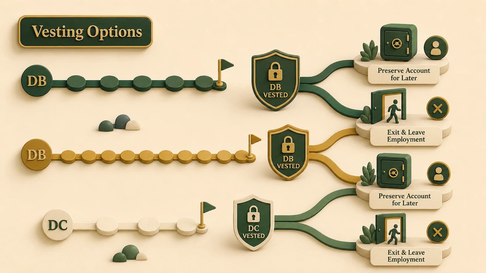 A service path reaches separate DB and DC vesting checkpoints before branching toward deferred retirement or exit.