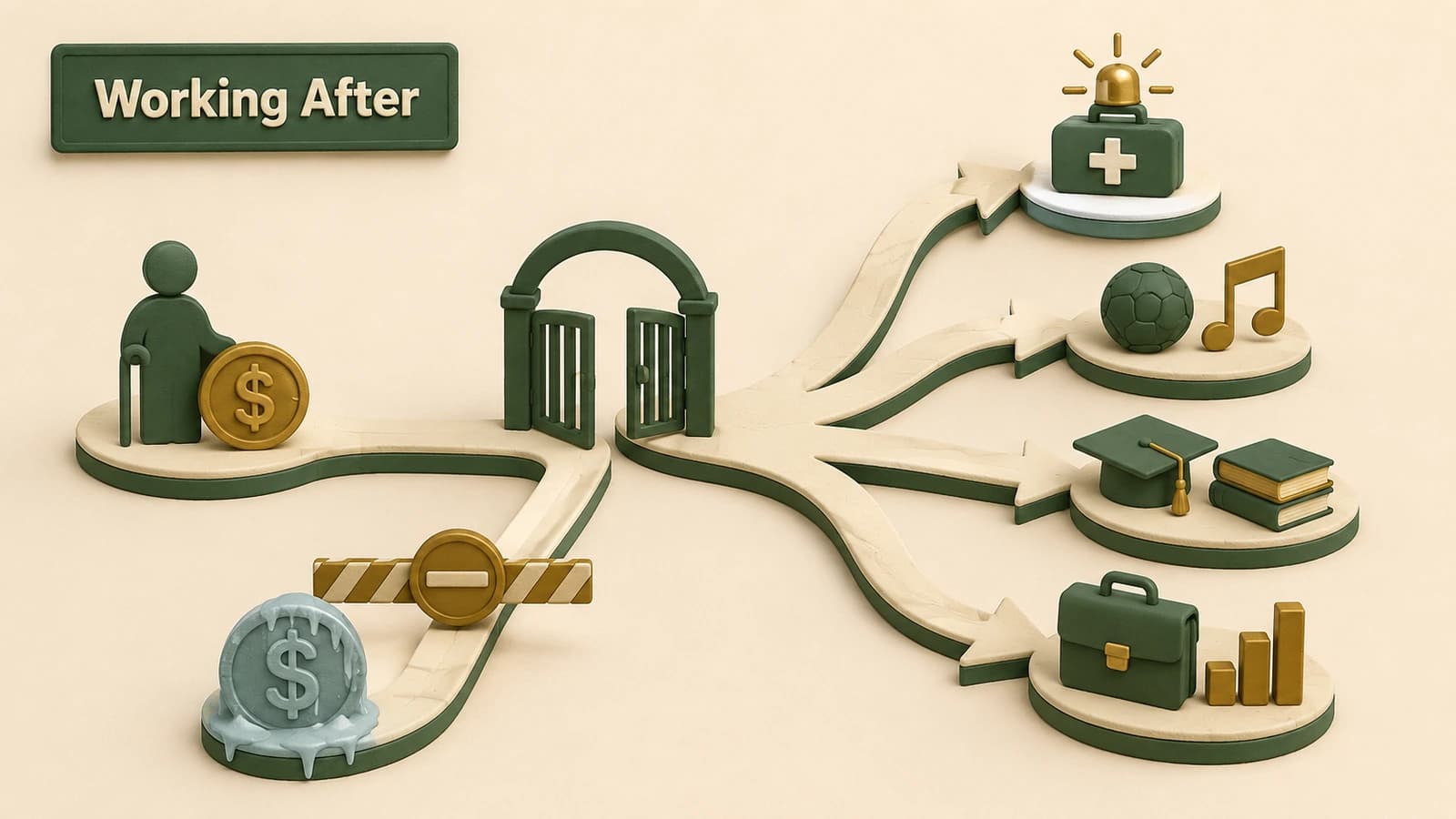 A retiree pension path reaches a return-to-work gate with emergency, extracurricular, college and consultant branches.
