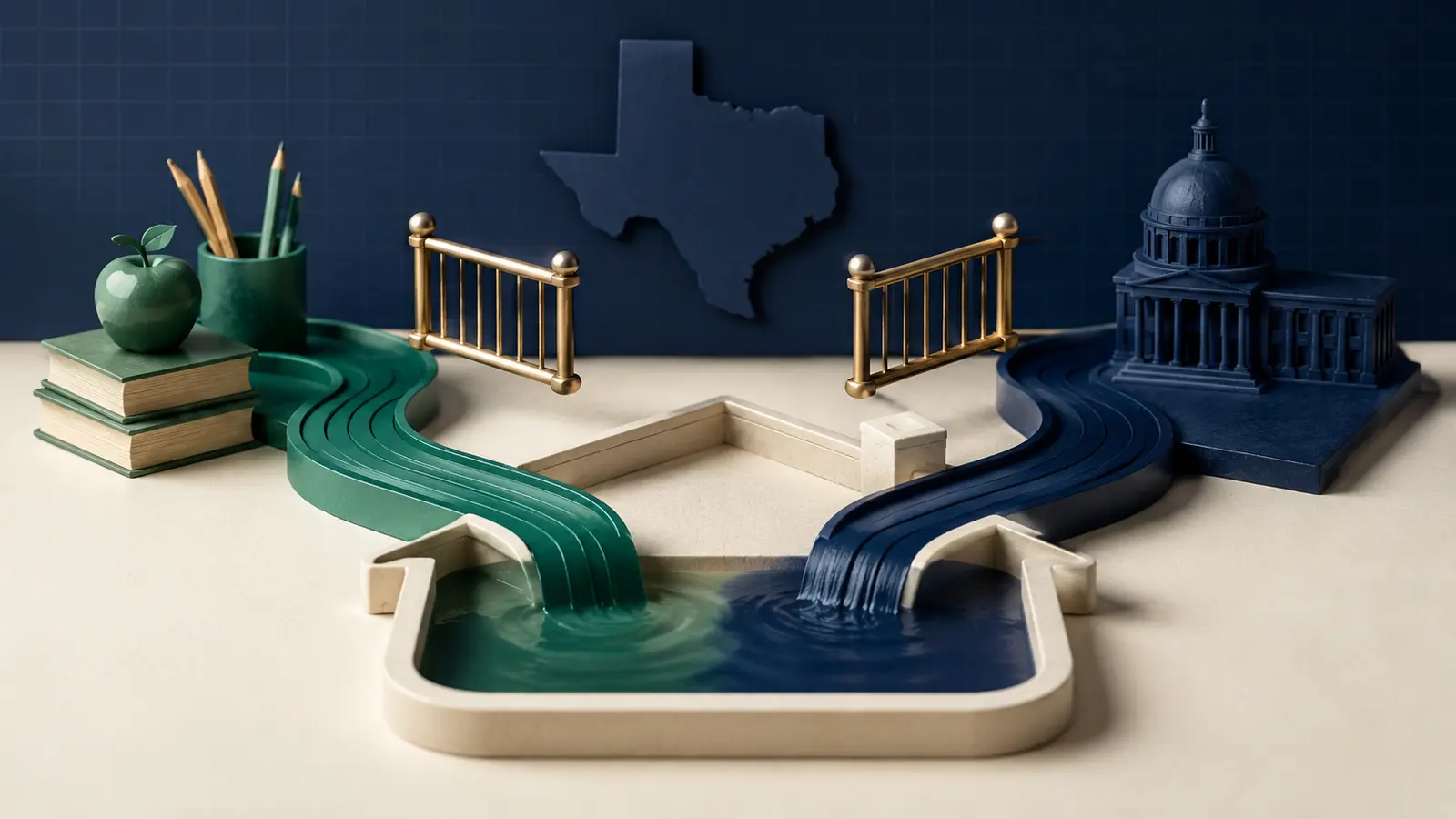 Teacher pension and public-benefit streams flowing past lifted barriers