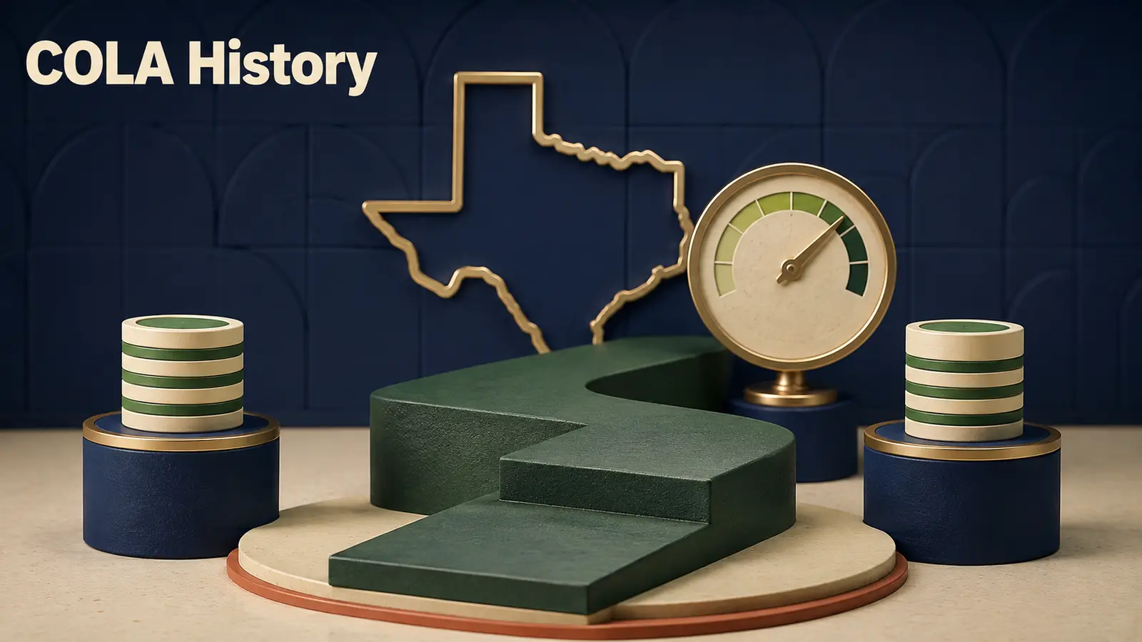 A pension staircase with separate one-time coin discs and a permanent upward step beside a Texas outline