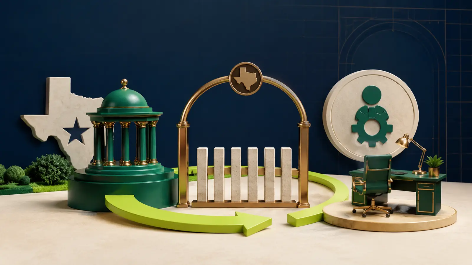 A measured return-to-work path circling between retirement and a work desk