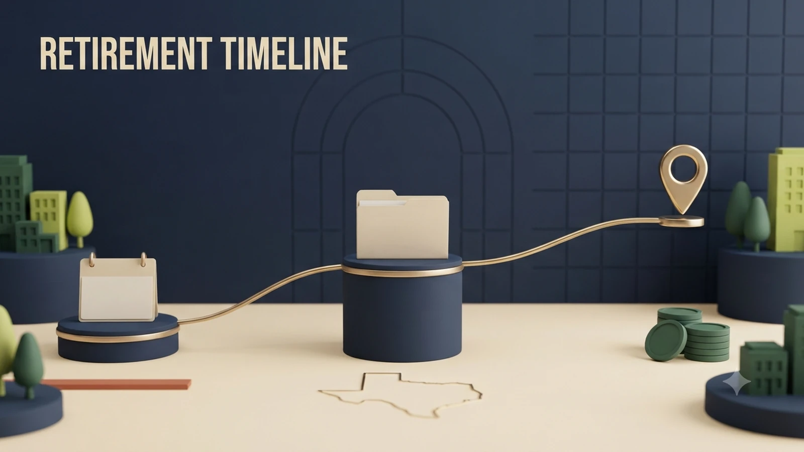 A retirement path moving through three calendar checkpoints toward a gold destination marker
