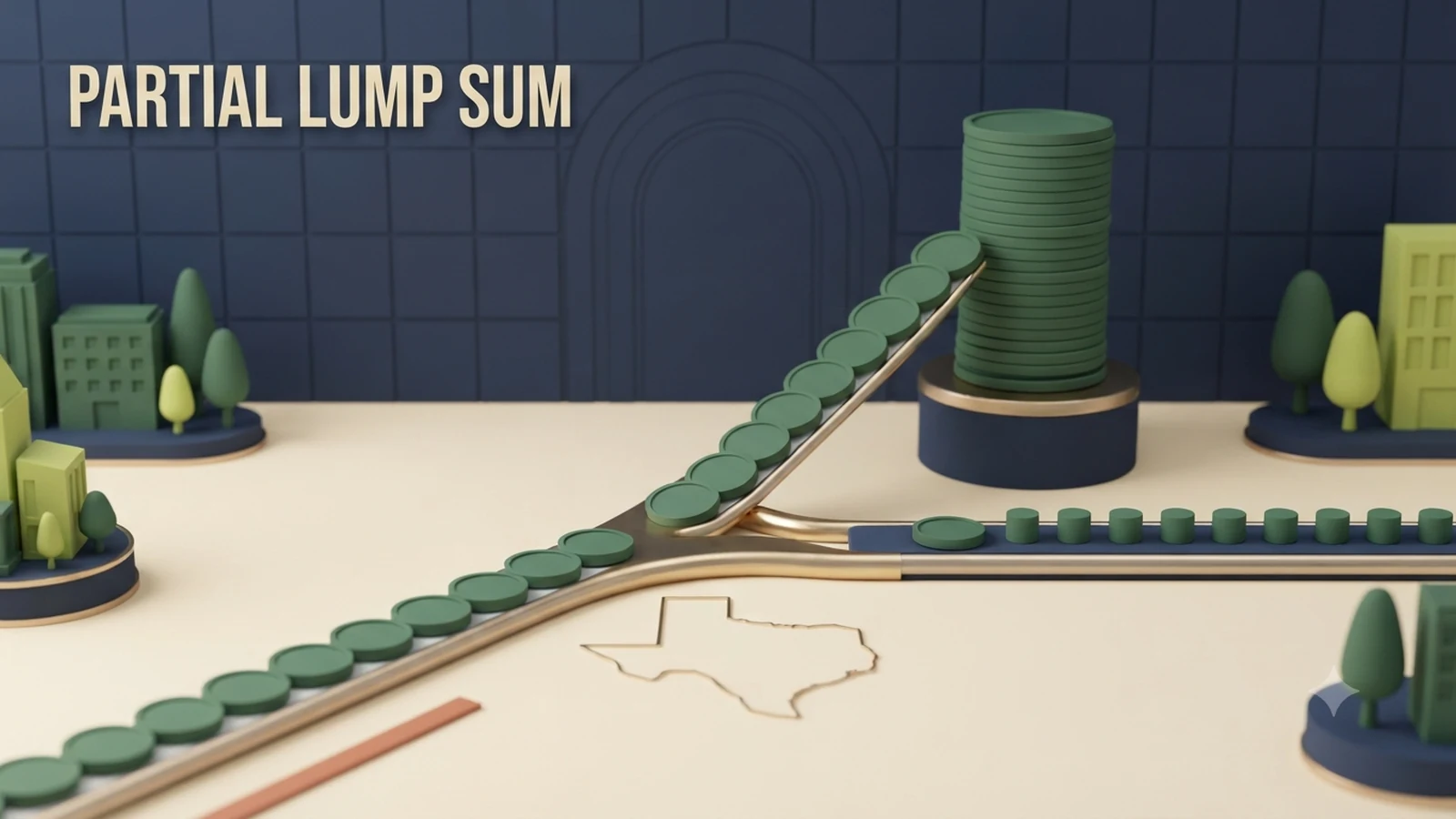 A retirement payment stream splitting into stacked lump-sum discs and a smaller continuing monthly annuity path