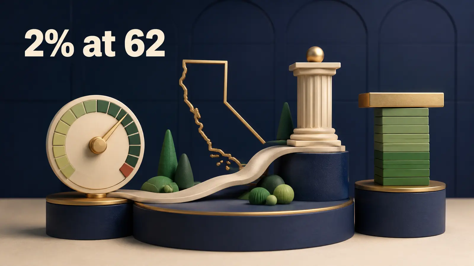 A California retirement path rising from an age dial toward a pension column with a capped salary stack