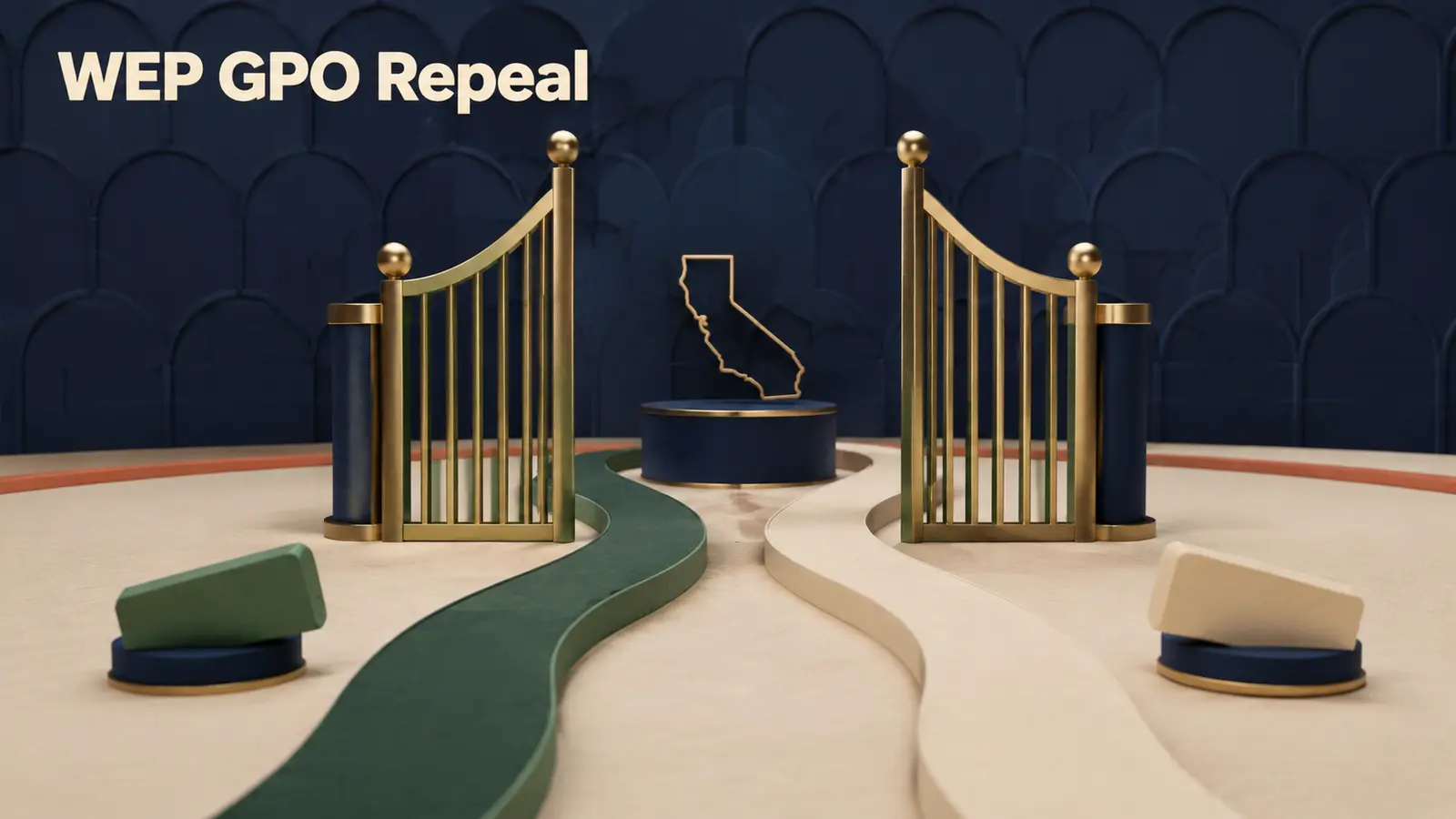 Two retirement tracks merging after barrier tokens are removed beside a California outline and pension column