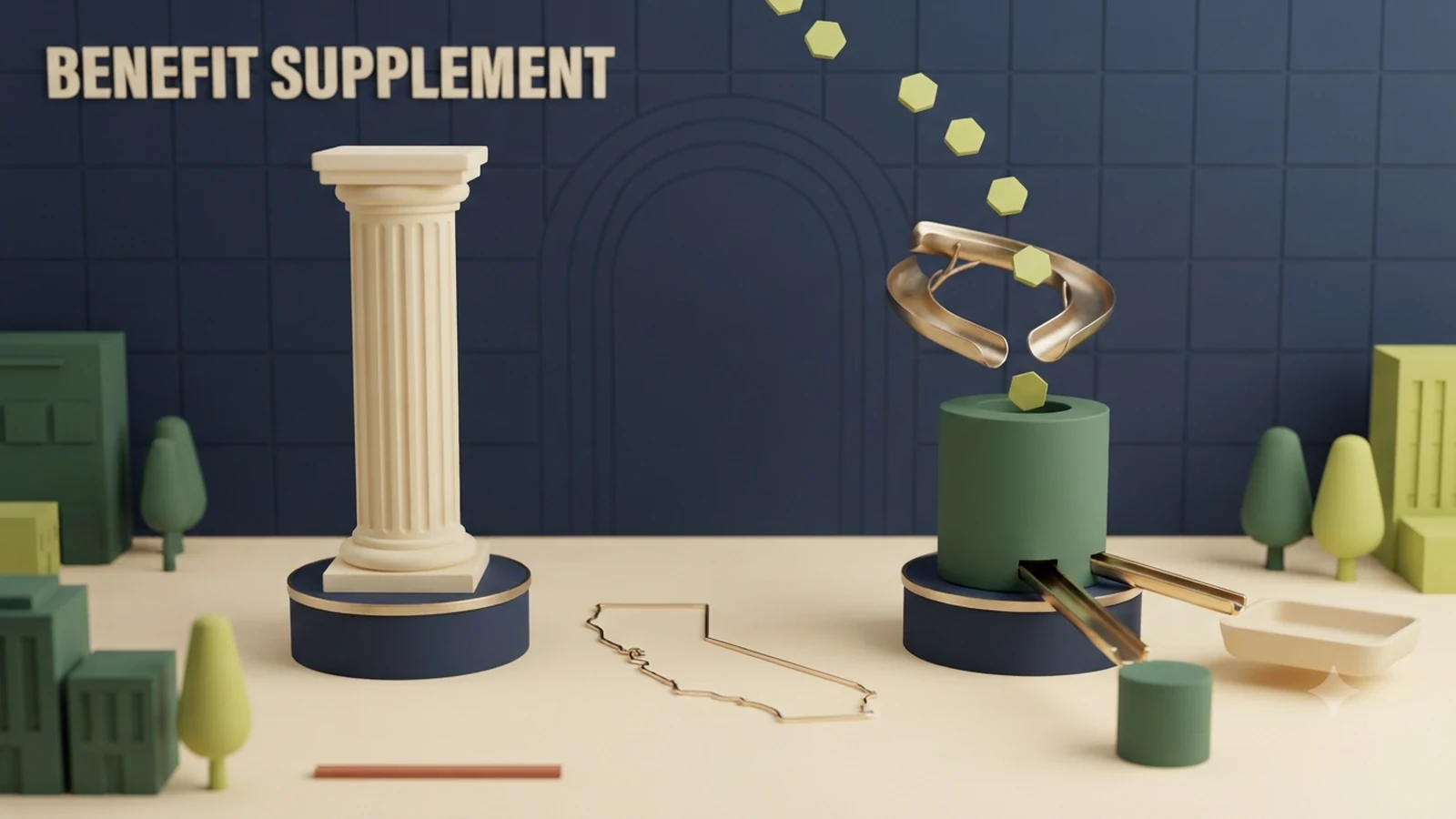 A main pension column beside a smaller supplemental account cylinder filled by extra-pay tokens and connected to payout paths