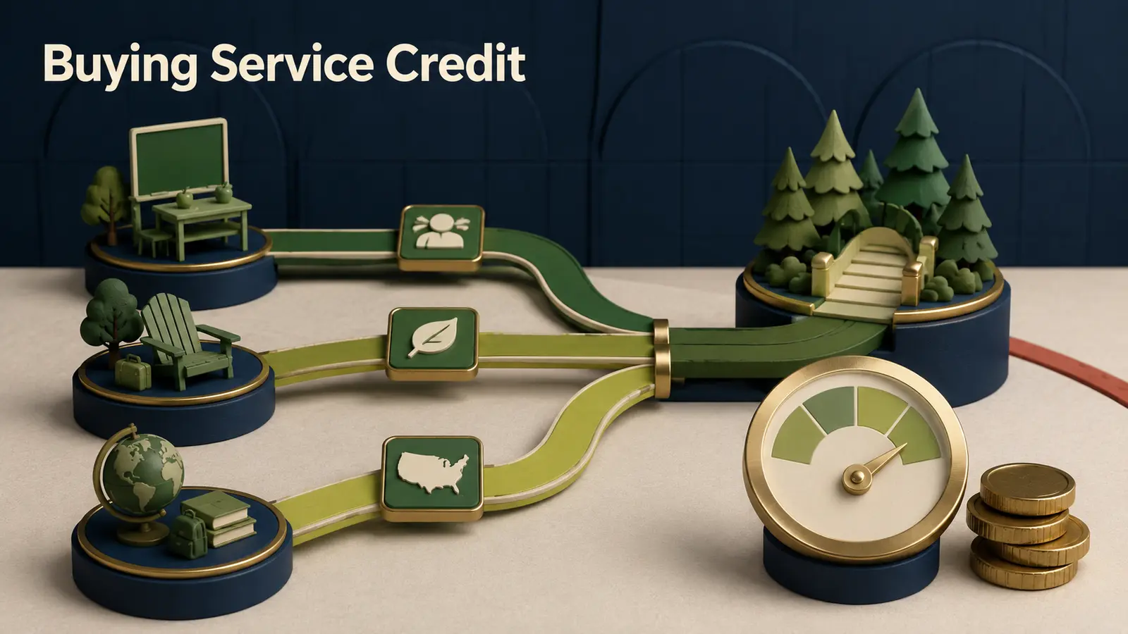 Several service tiles from leave and teaching paths converging into a CalSTRS retirement timeline with a gold cost dial
