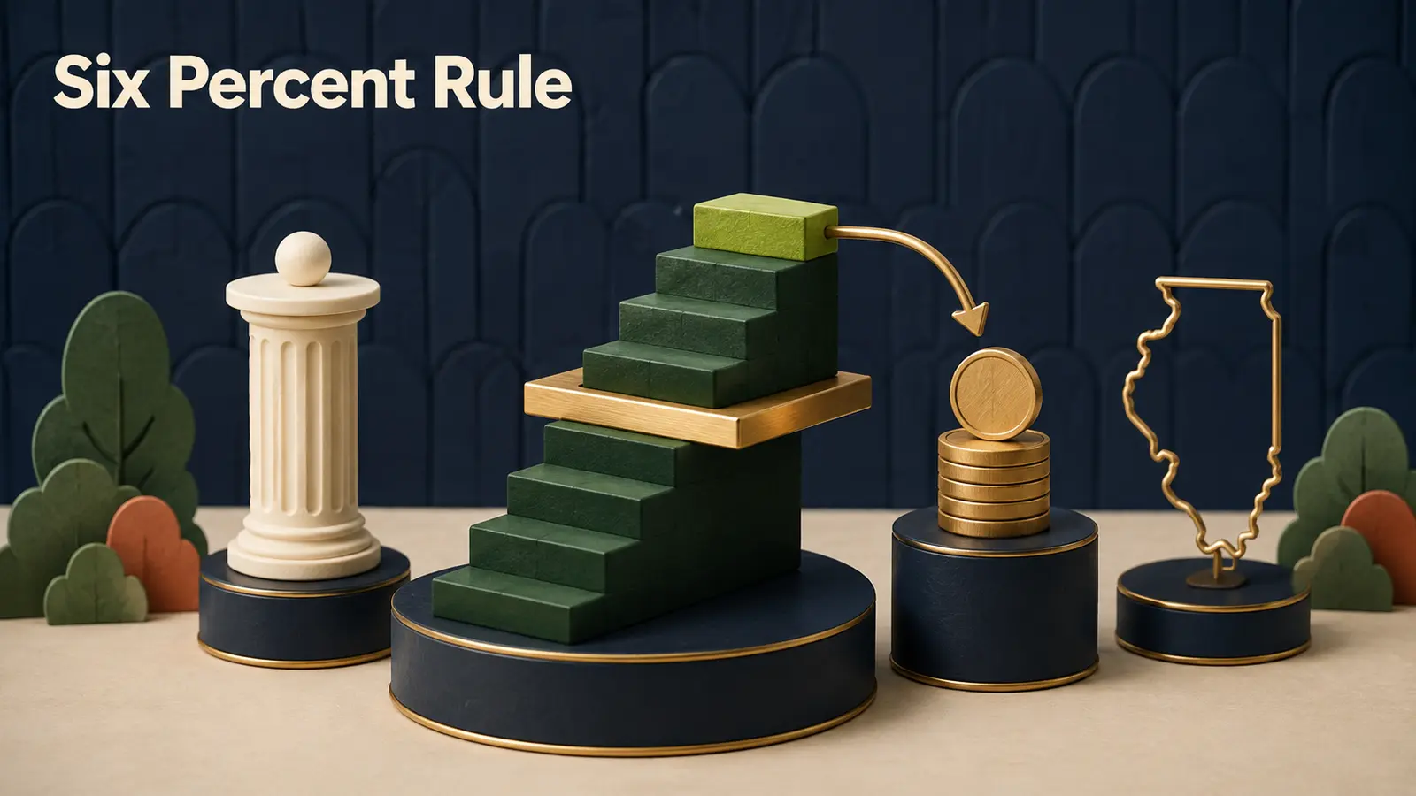 A salary staircase crossing a gold threshold line beside an employer coin stack and an Illinois pension column