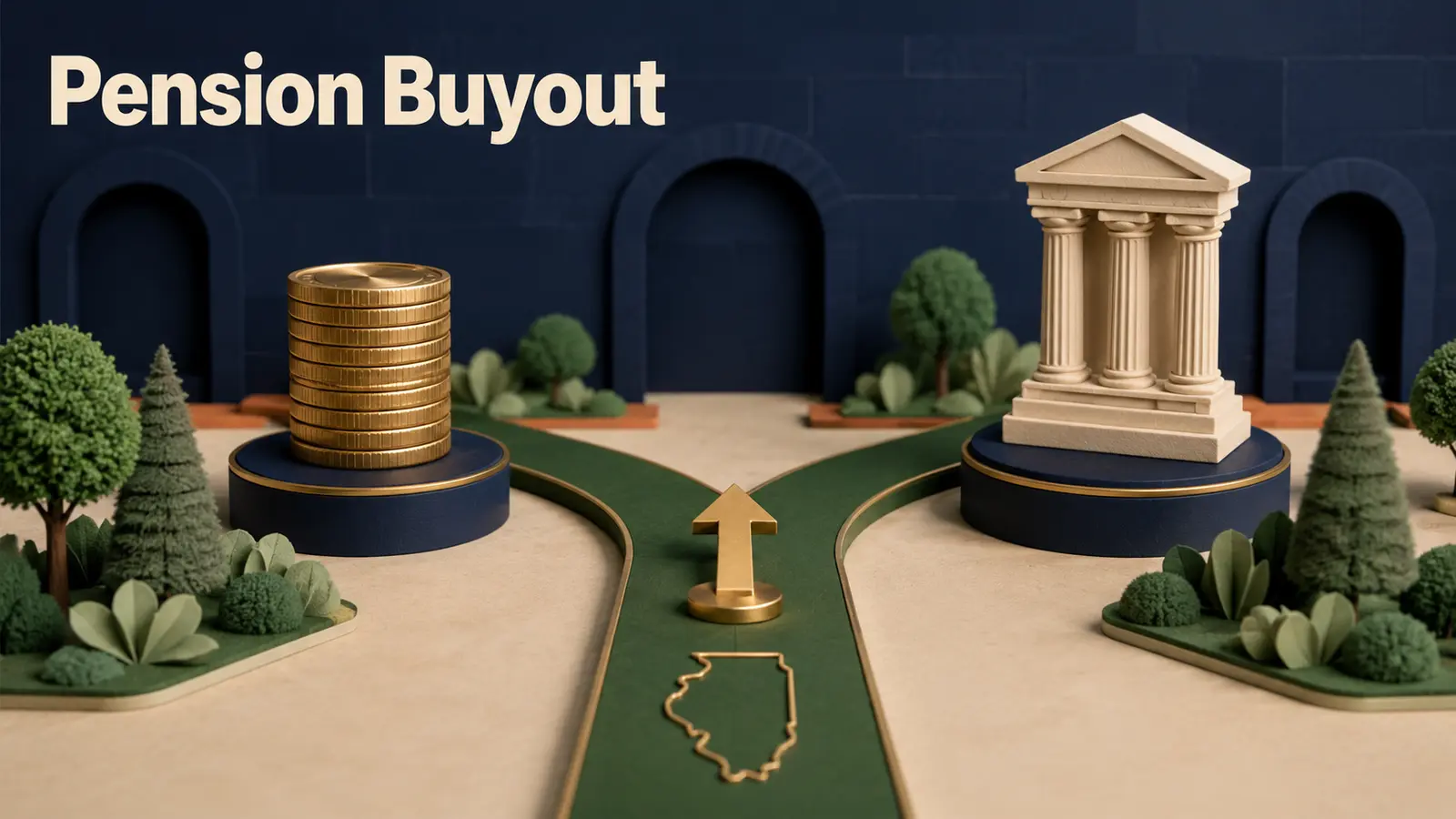 A pension path ending at a fork between a lifetime column and a single large coin stack beside an Illinois outline