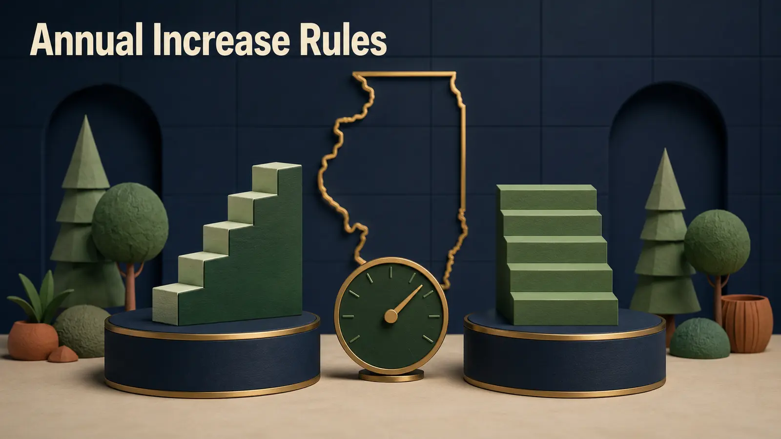 Two pension staircases rising at different rates beside a CPI dial and an Illinois outline