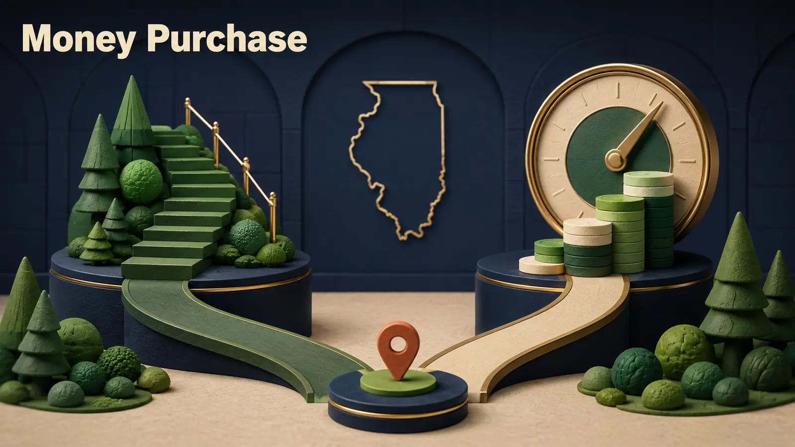 Two retirement paths, one formula staircase and one actuarial dial, converging at a gold marker beside an Illinois outline