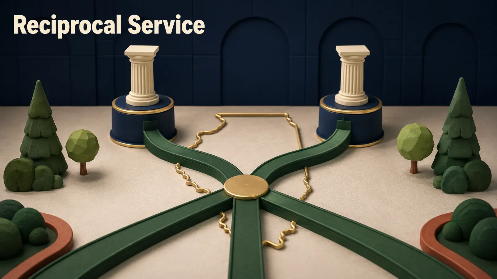 Several pension tracks joining at a gold junction before splitting into separate payment pedestals beside Illinois