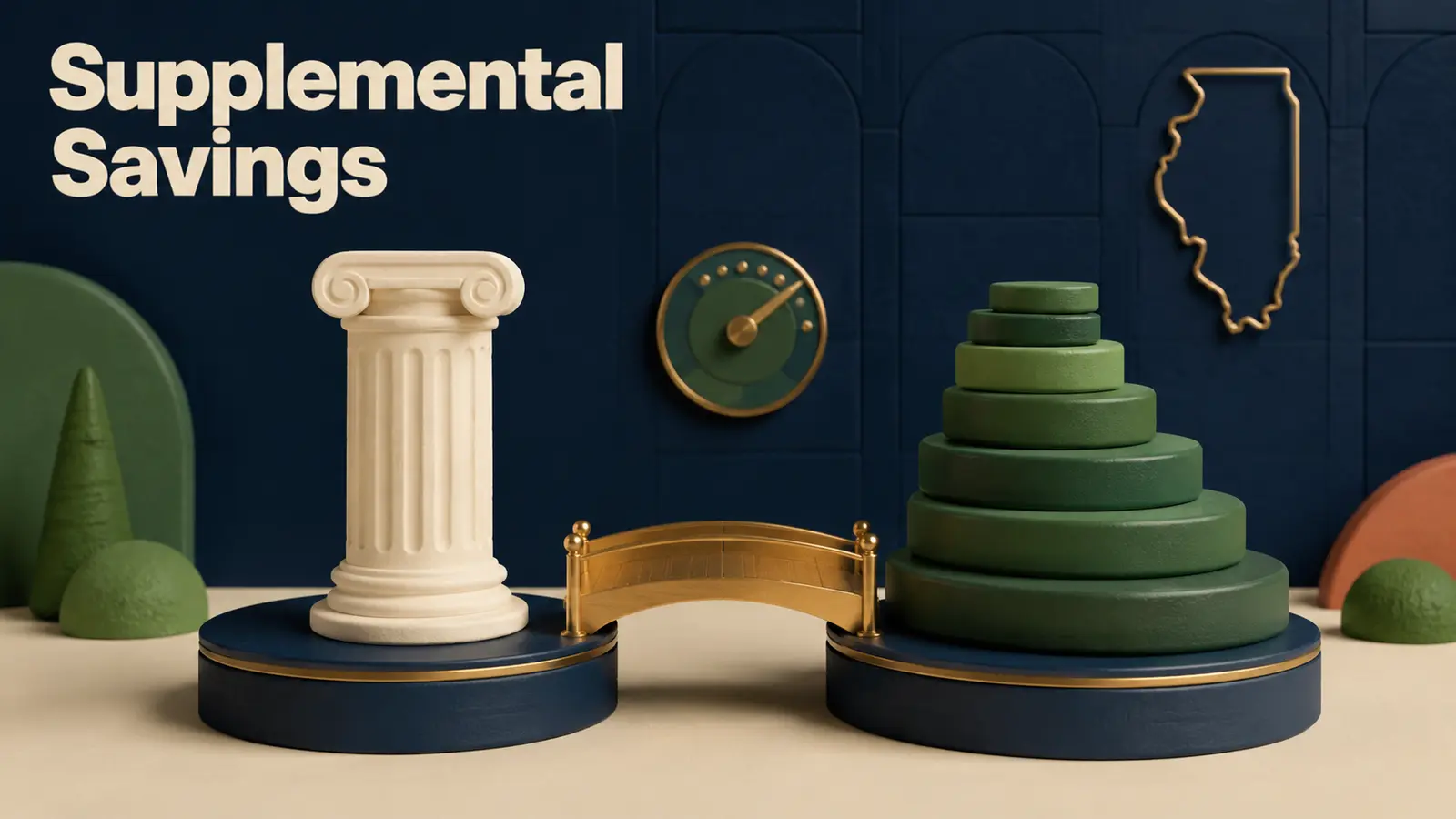 A main pension column beside a separate growing stack of savings discs connected by a small gold bridge