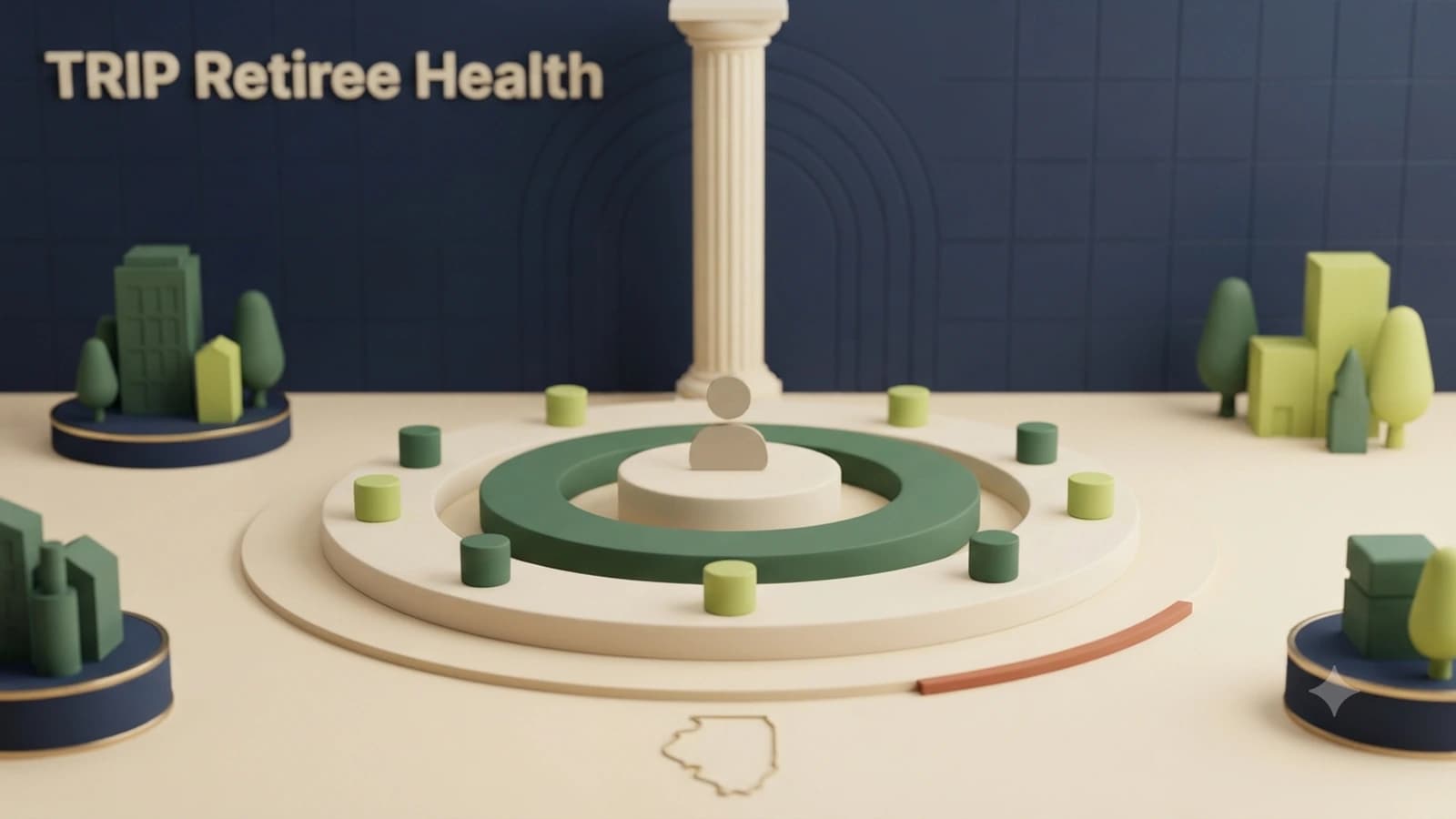 An Illinois retirement path linking a health-fund coin reservoir to a coverage shield and plan-choice branches