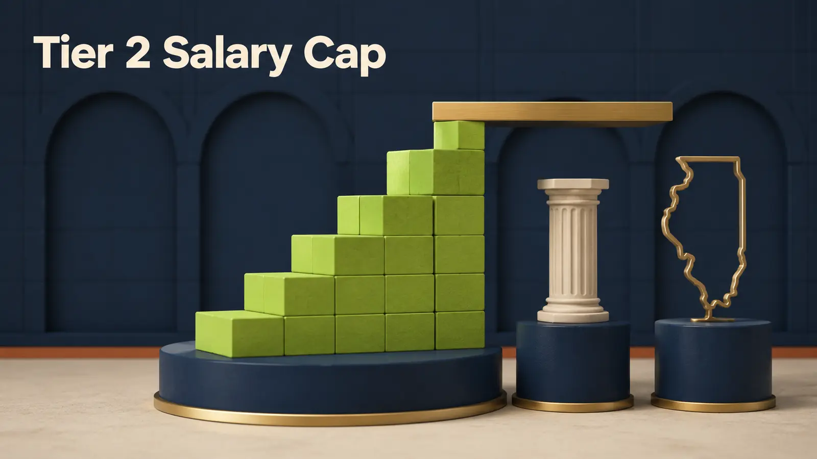 A rising stack of salary blocks stopped by a gold horizontal bar beside an Illinois outline and pension column
