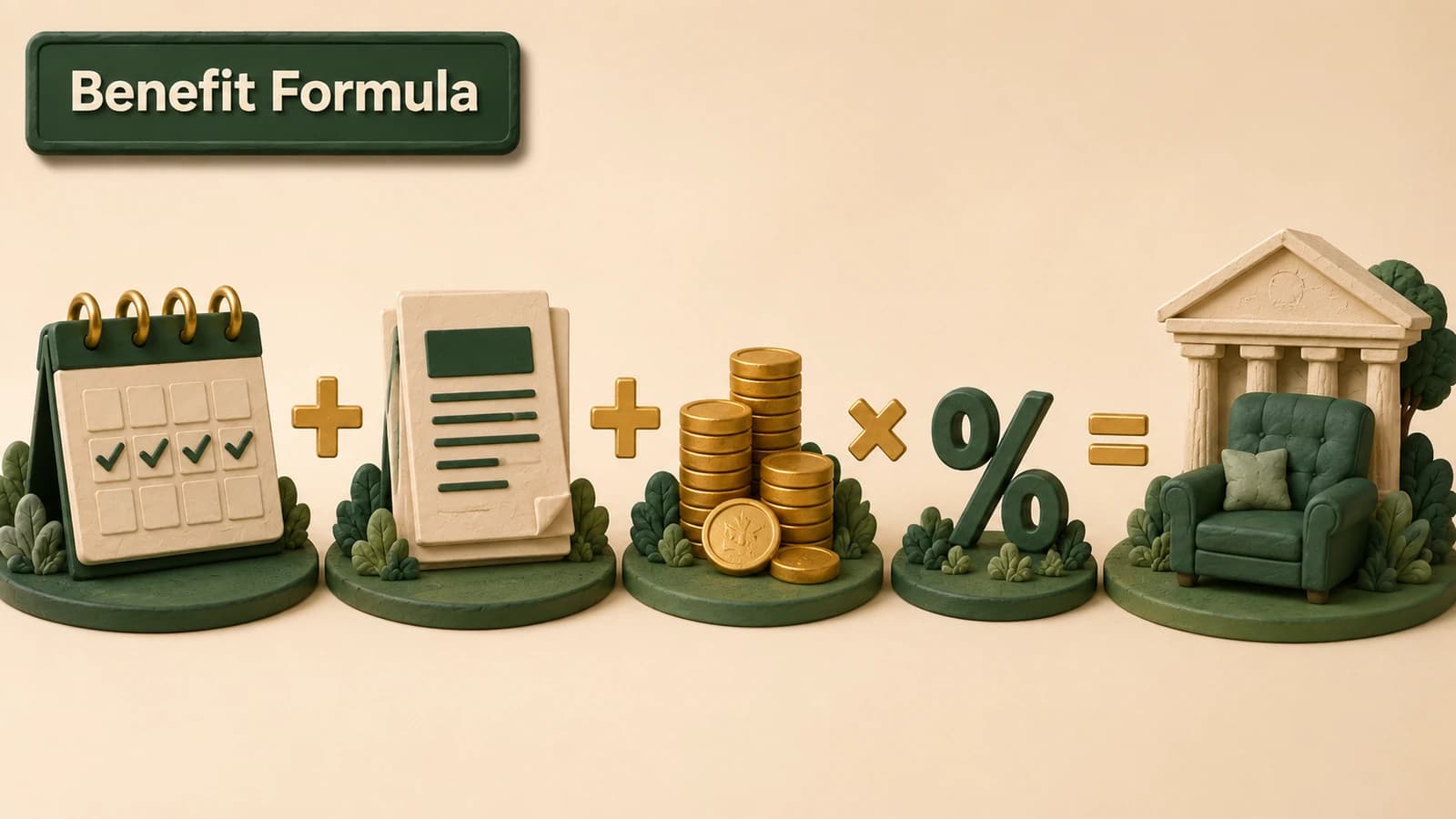 A pension formula scene with five salary blocks, service-credit markers, and gold percentage steps.