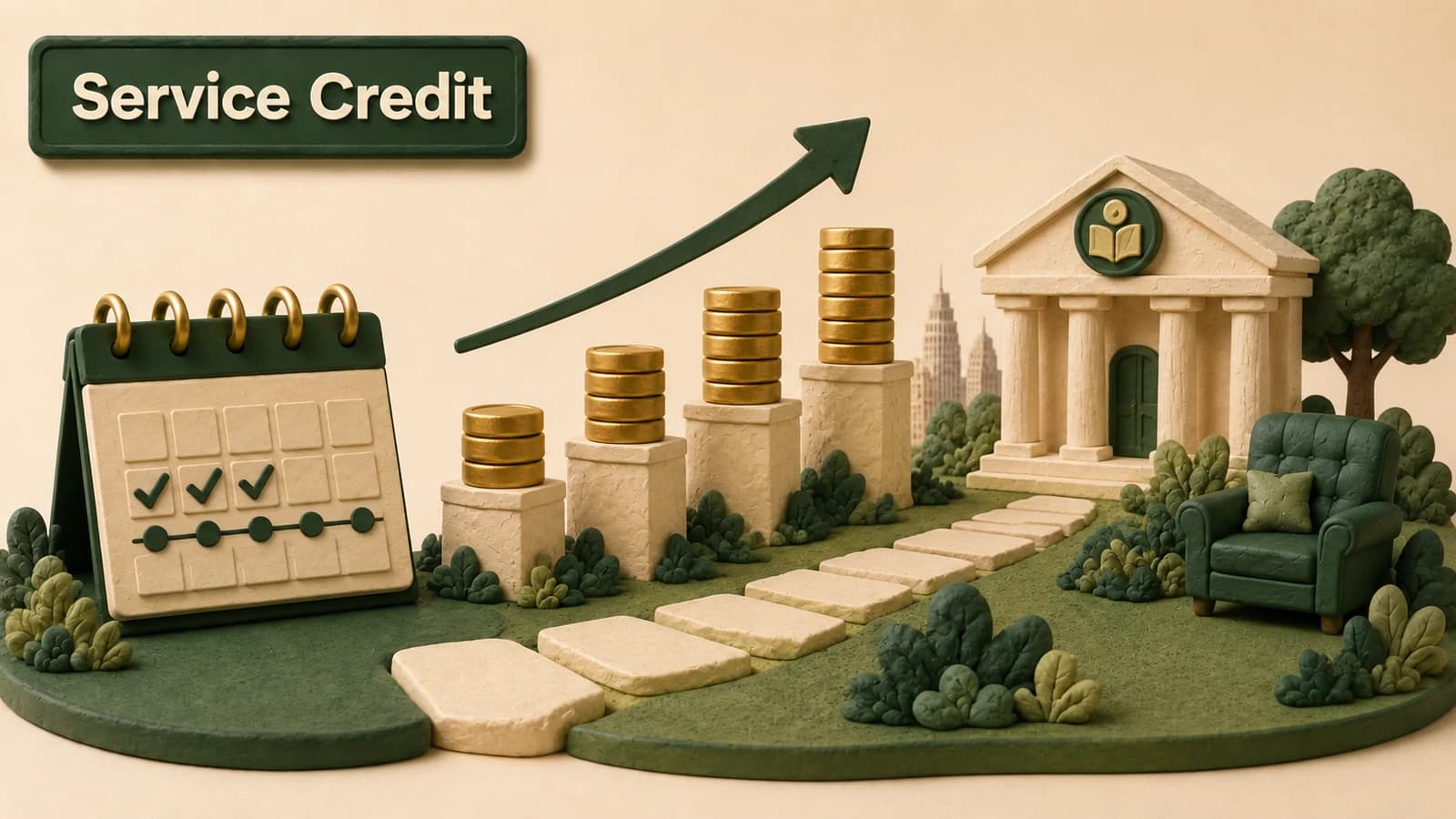 A service-credit timeline with prior public-employment blocks moving through a cost letter into a pension record.