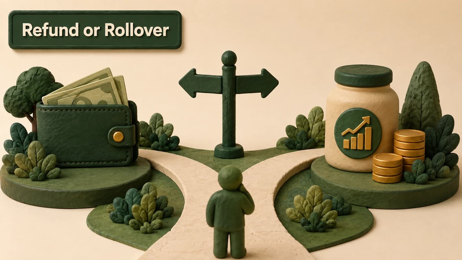 A split path showing QPP funds moving either to a direct-payment wallet or a rollover account, with a pension file left behind.