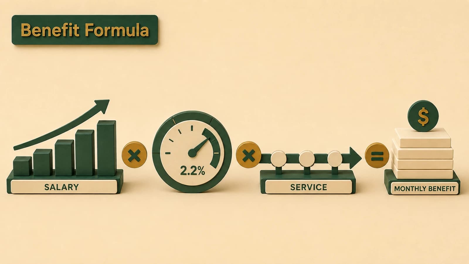 A five-block salary stack, service timeline, and 2.2 percent multiplier combine into a STRS Ohio pension marker.
