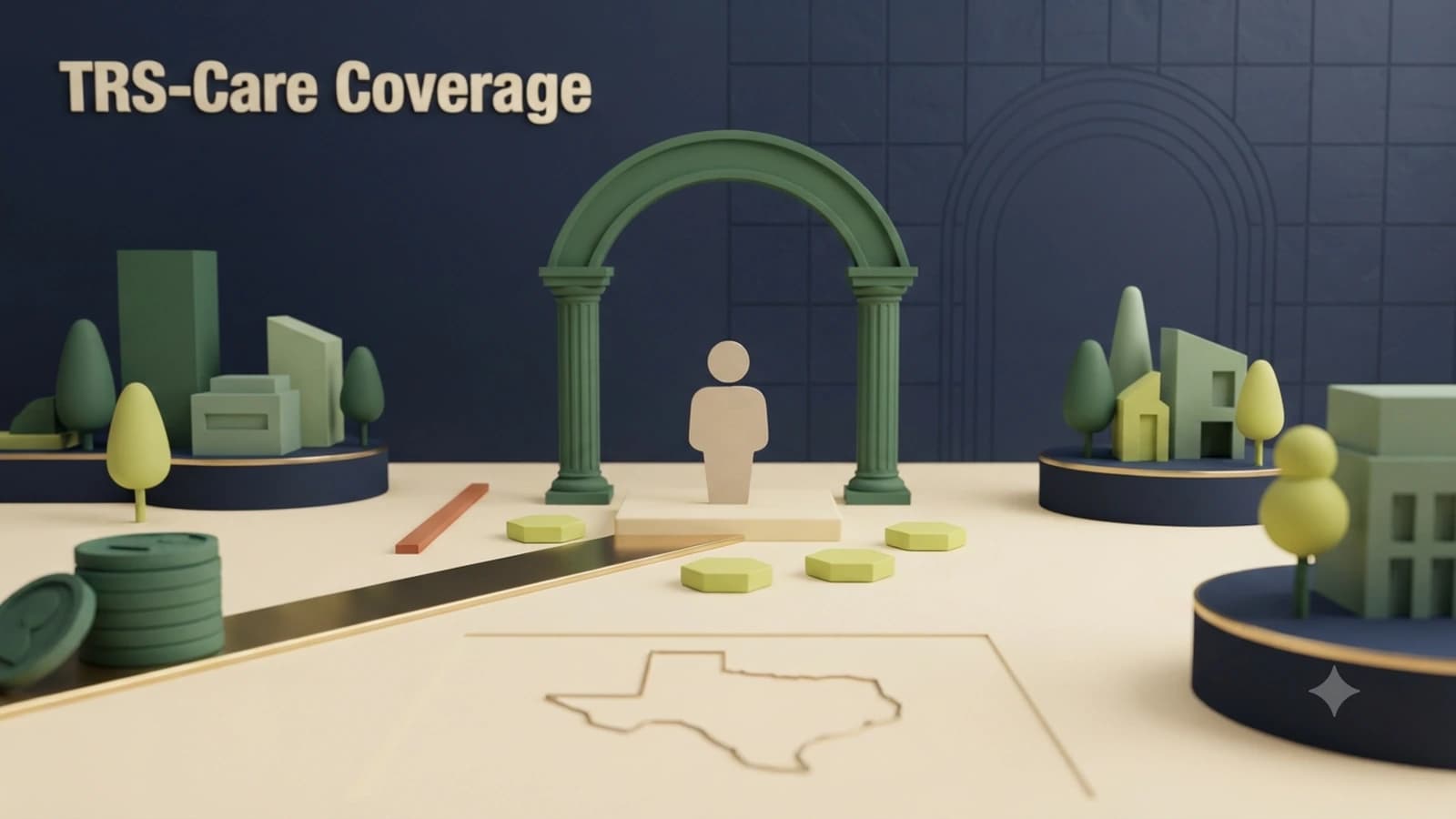 A retirement path reaching a health coverage shield beside a Medicare transition fork and a Texas outline