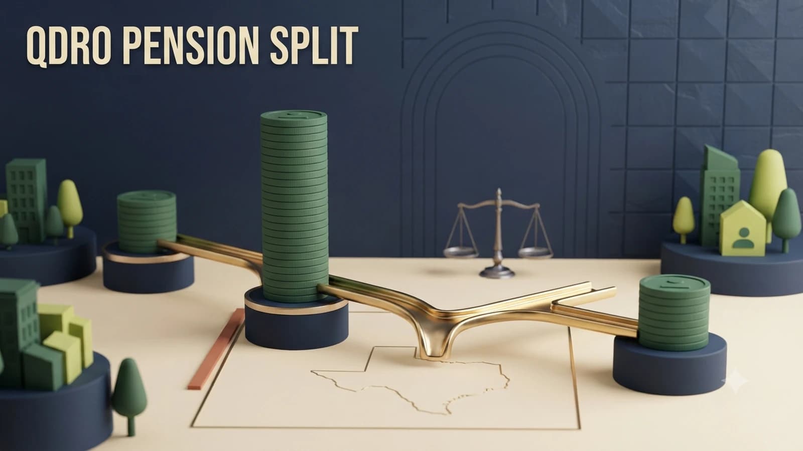 A pension coin path splitting at a gold court-order junction into member and alternate-payee branches