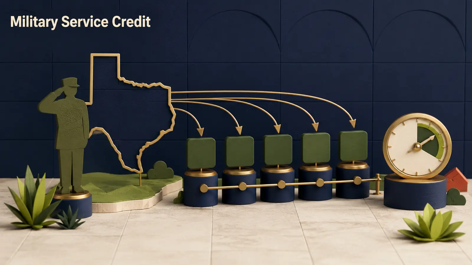 A military service token filling an earlier gap in a Texas retirement timeline beside a gold-rimmed clock