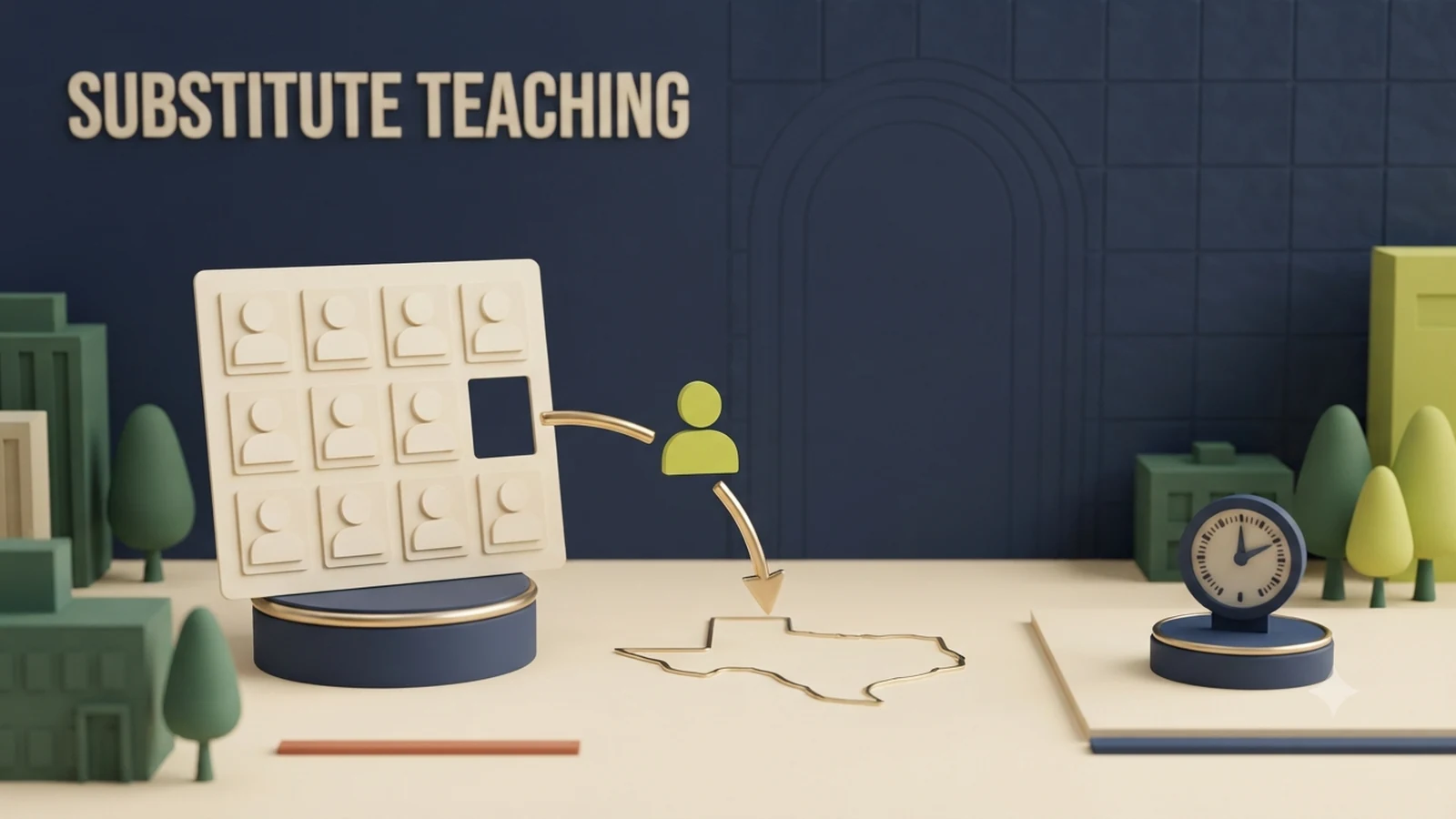 A substitute-teacher silhouette stepping into a temporary classroom slot beside a Texas outline and work-time gauge